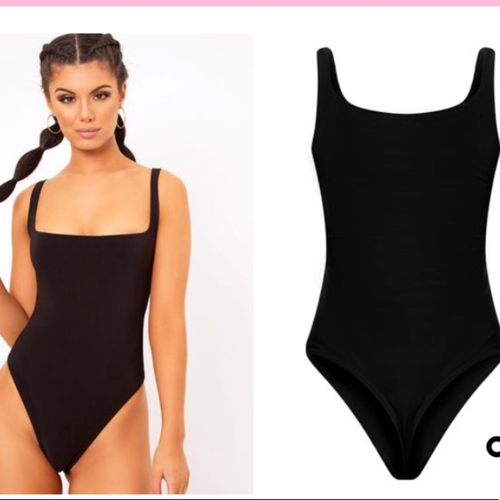 Black Square Neck Thong Bodysuit